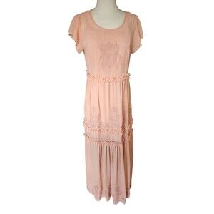 Altar'd State Embroidered Tiered Maxi Dress Womens Small Peach Coquette Boho NWT